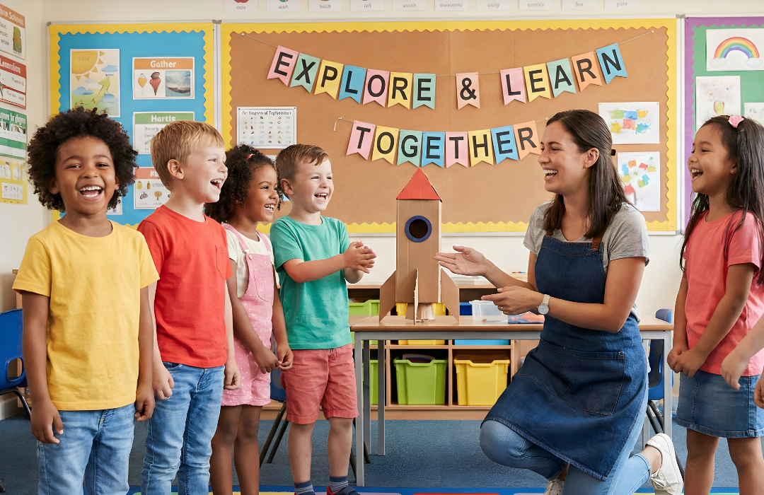 Teacher and children celebrating a classroom rocket project